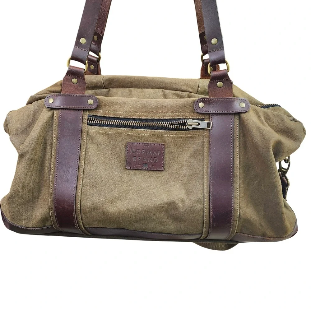 The Normal Brand Waxed Canvas Leather Duffel Bag Olive Green Weekender Travel